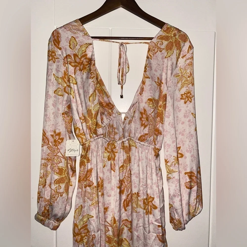 Free People Soli Mini Dress Long Sleeve Women XS Floral Boho Hippie 70'S